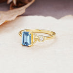 Unique, Classic 4-Prong Emerald Cut Aquamarine Two Stones Wedding Ring - Additional view