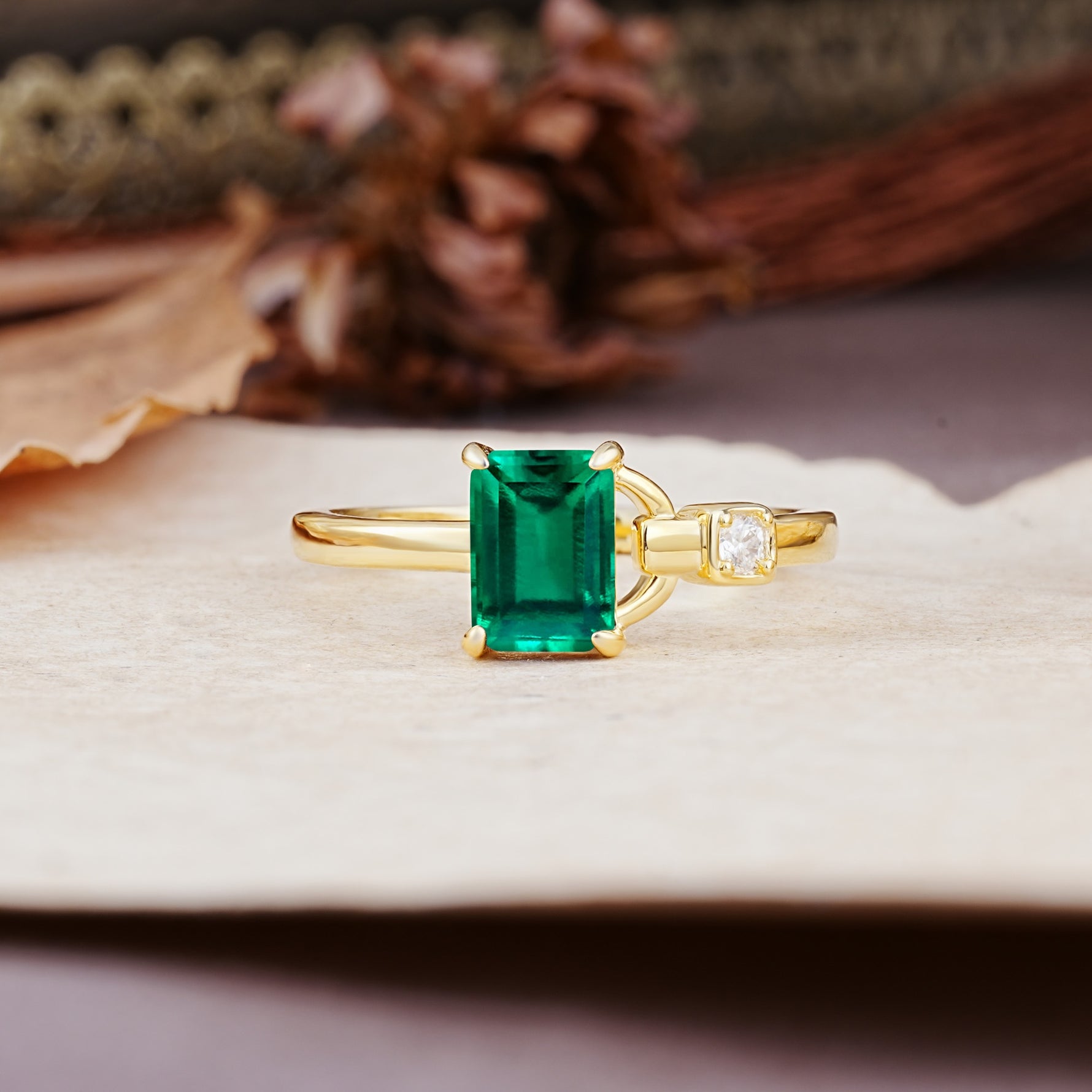 Unique, Classic 4-Prong Emerald Cut Emerald Two Stones Wedding Ring - Additional view