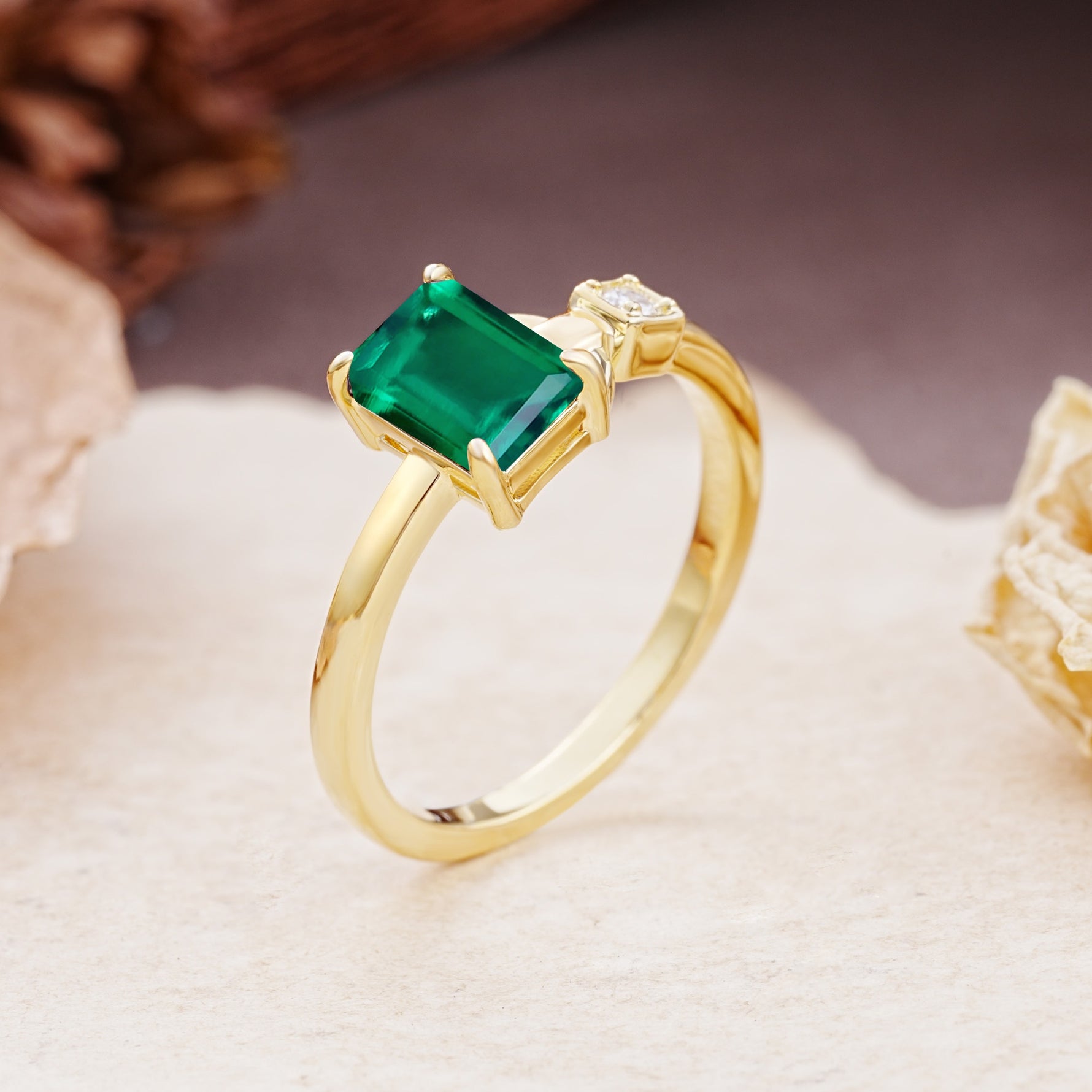 Unique, Classic 4-Prong Emerald Cut Emerald Two Stones Wedding Ring - Additional view