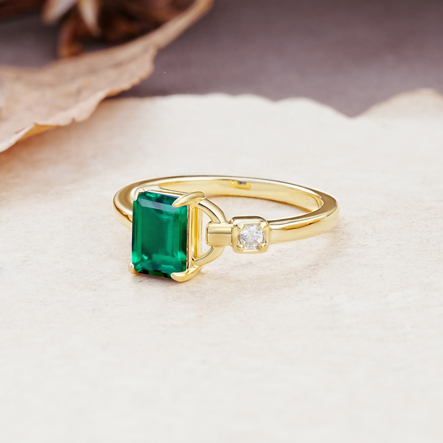 Unique, Classic 4-Prong Emerald Cut Emerald Two Stones Wedding Ring - Additional view