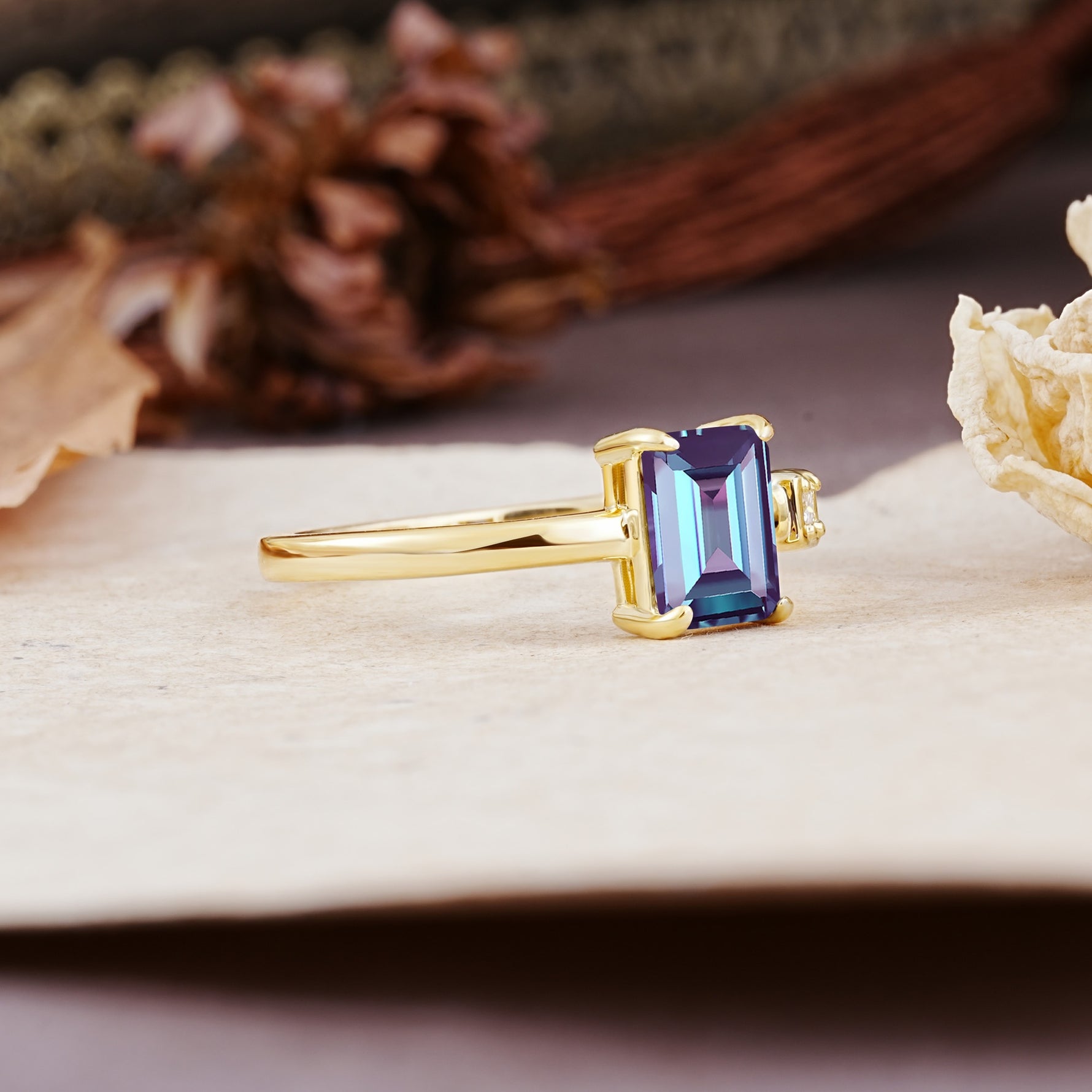 Unique, Classic 4-Prong Emerald Cut Alexandrite Two Stones Wedding Ring - Additional view