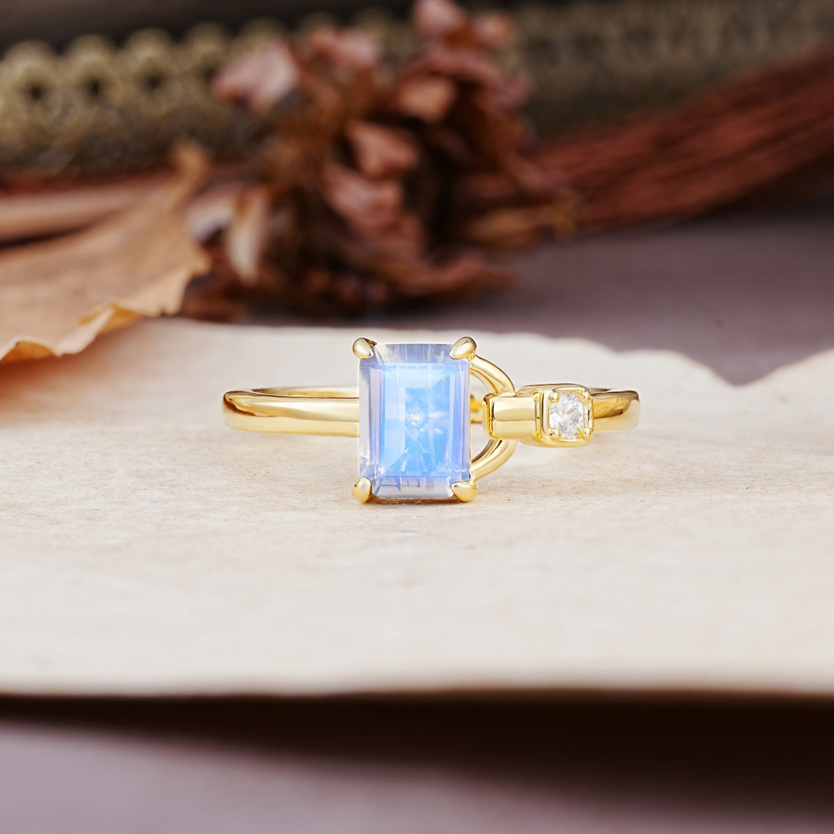 Unique, Classic 4-Prong Emerald Cut Moonstone Two Stones Wedding Ring - Additional view