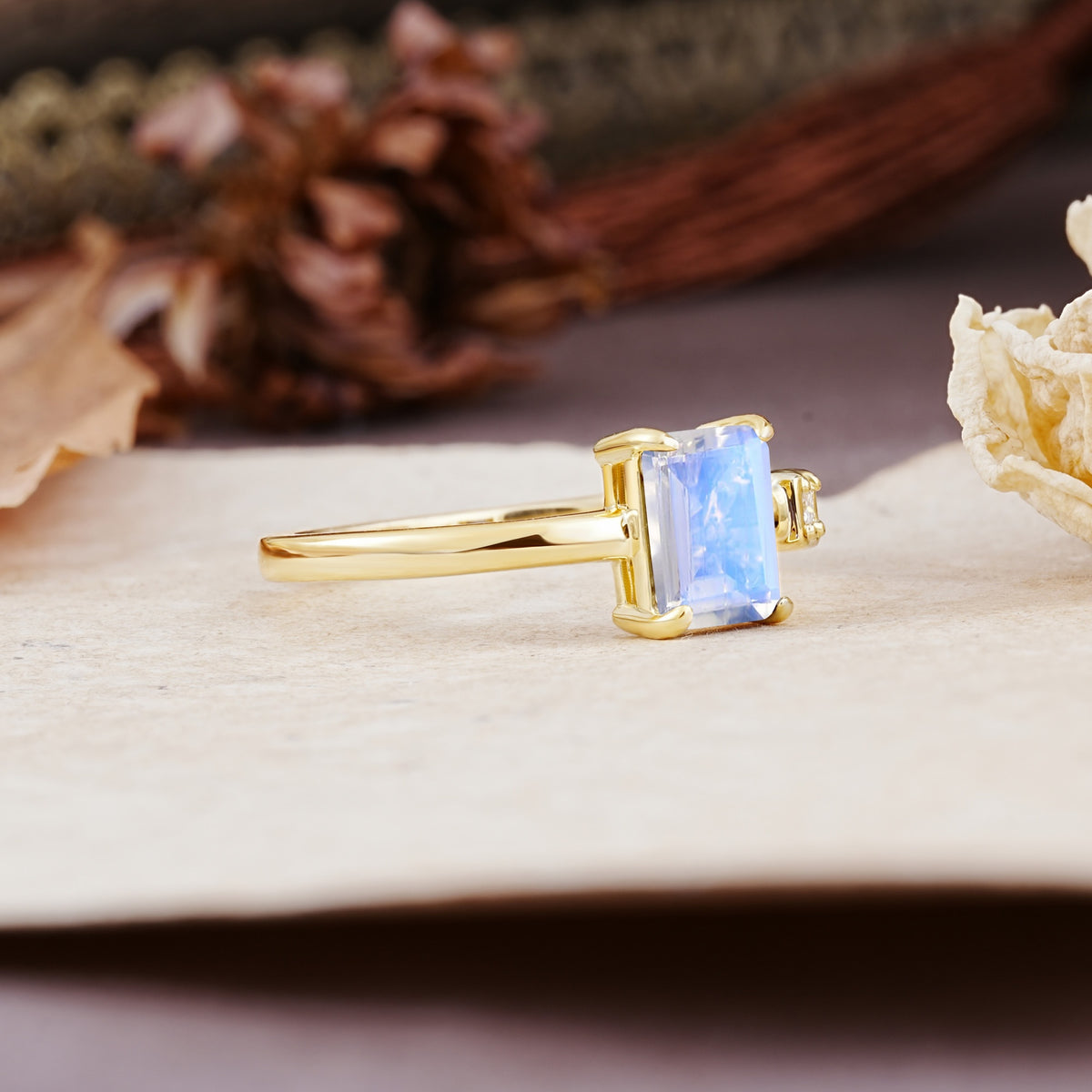 Unique, Classic 4-Prong Emerald Cut Moonstone Two Stones Wedding Ring - Additional view