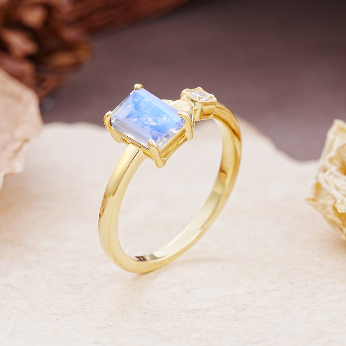 Unique, Classic 4-Prong Emerald Cut Moonstone Two Stones Wedding Ring - Additional view