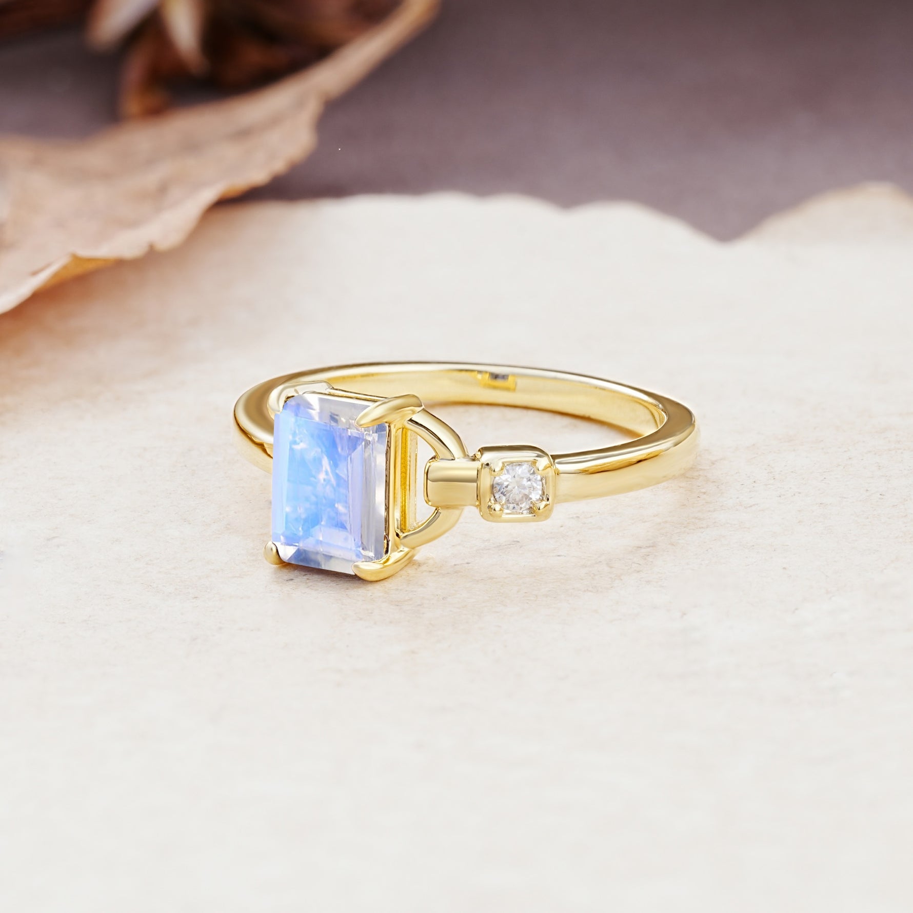 Unique, Classic 4-Prong Emerald Cut Moonstone Two Stones Wedding Ring - Additional view