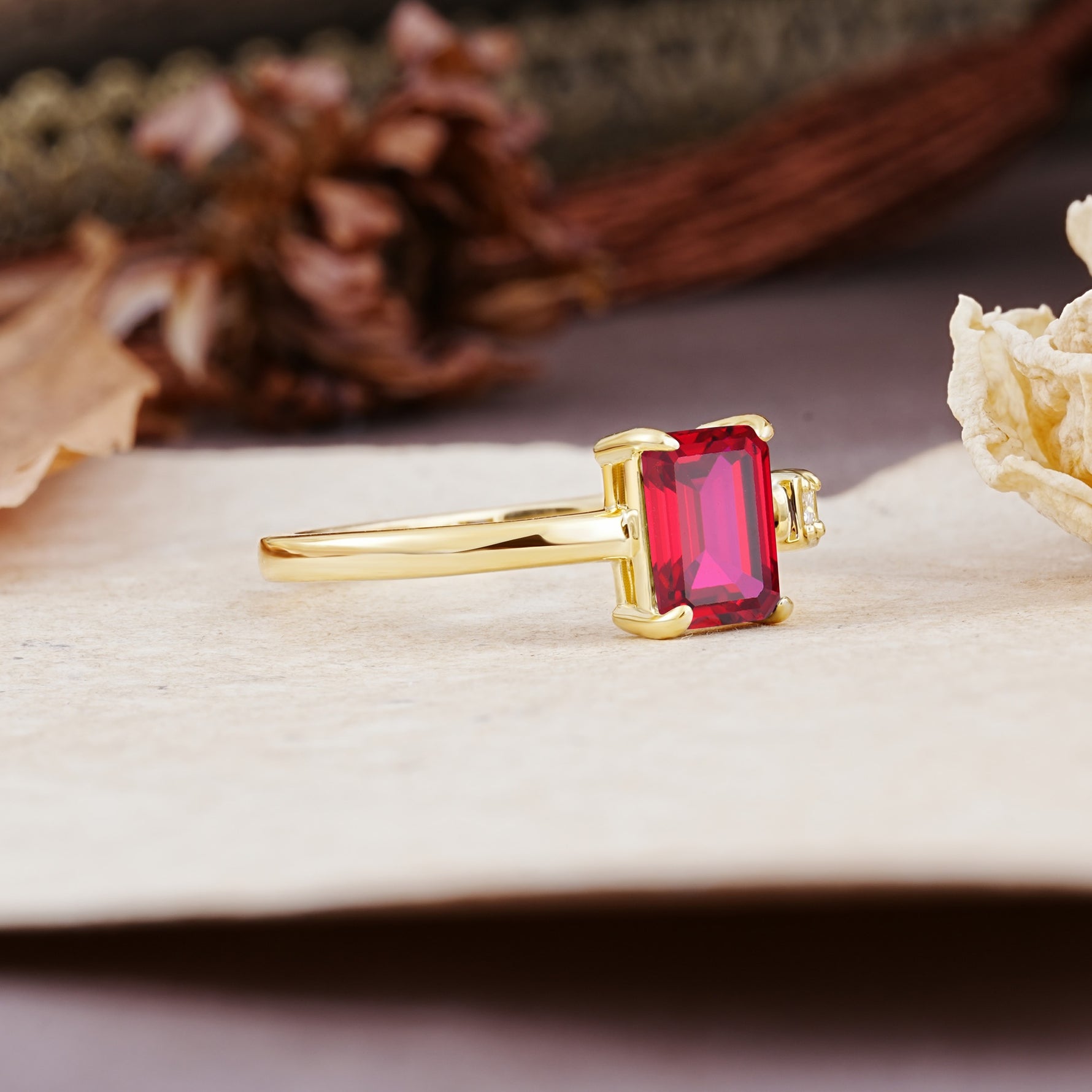Unique, Classic 4-Prong Emerald Cut Ruby Two Stones Wedding Ring - Additional view