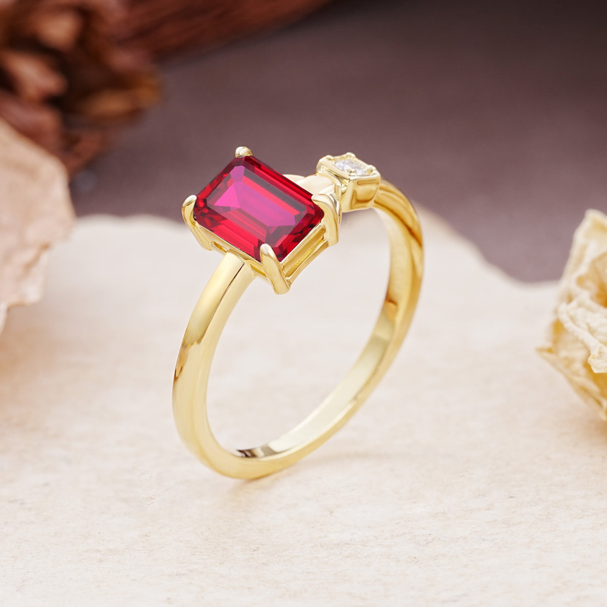 Unique, Classic 4-Prong Emerald Cut Ruby Two Stones Wedding Ring - Additional view