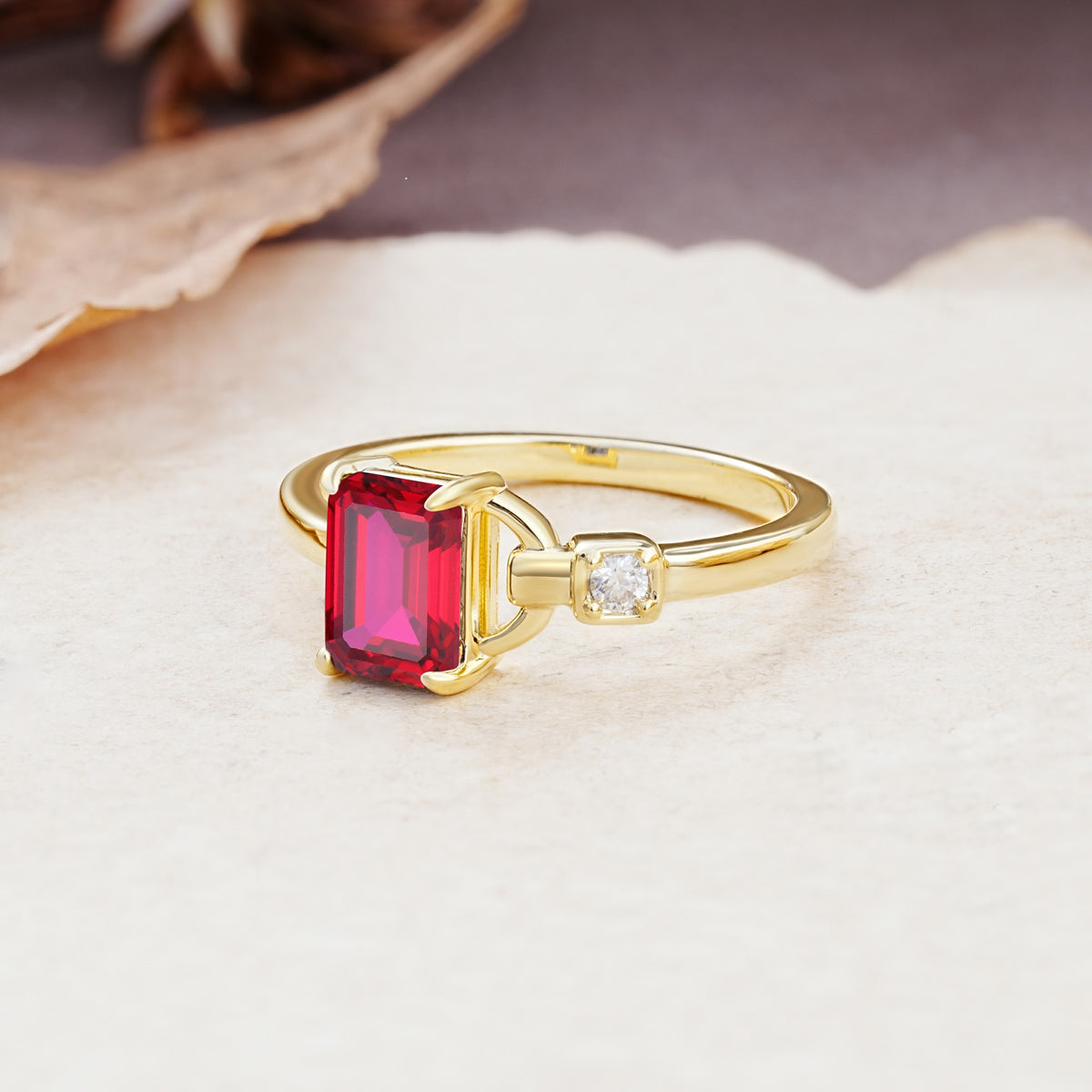 Unique, Classic 4-Prong Emerald Cut Ruby Two Stones Wedding Ring - Additional view