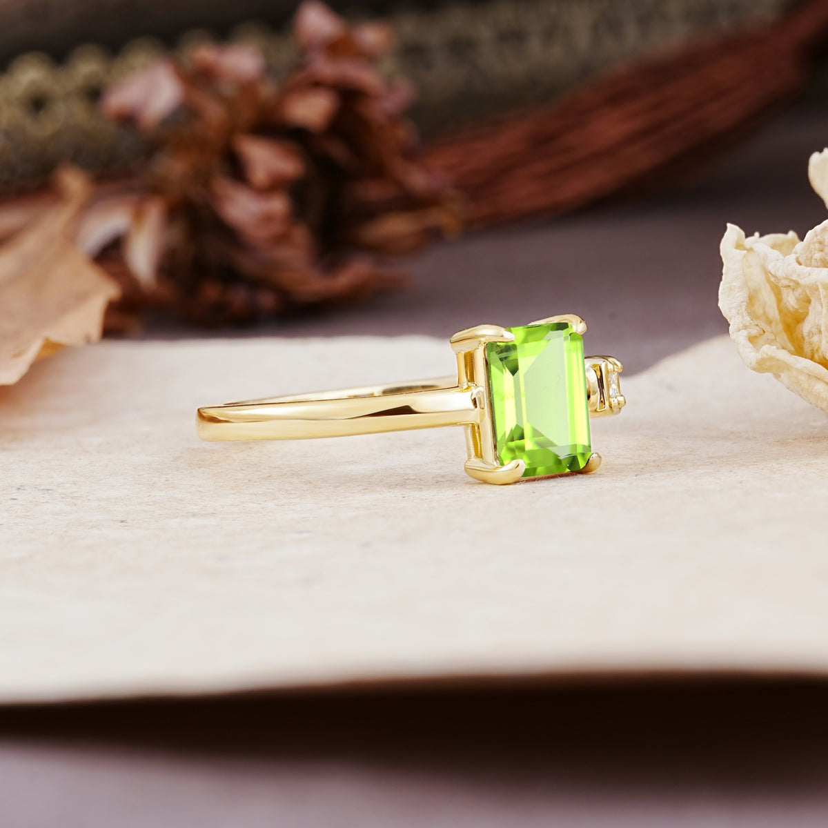 Unique, Classic 4-Prong Emerald Cut Peridot Two Stones Wedding Ring - Additional view