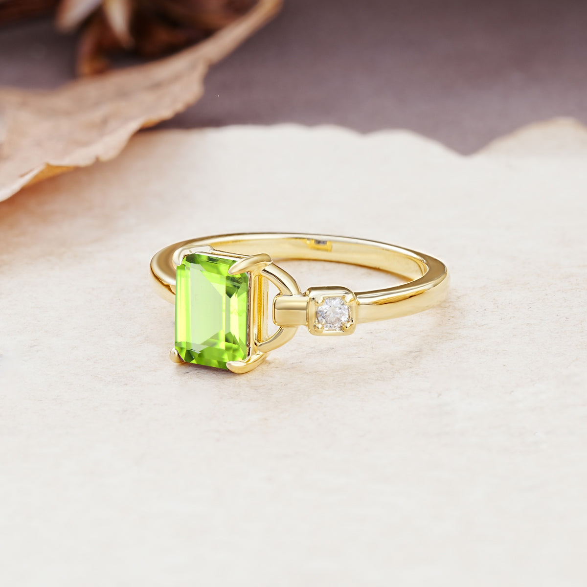 Unique, Classic 4-Prong Emerald Cut Peridot Two Stones Wedding Ring - Additional view