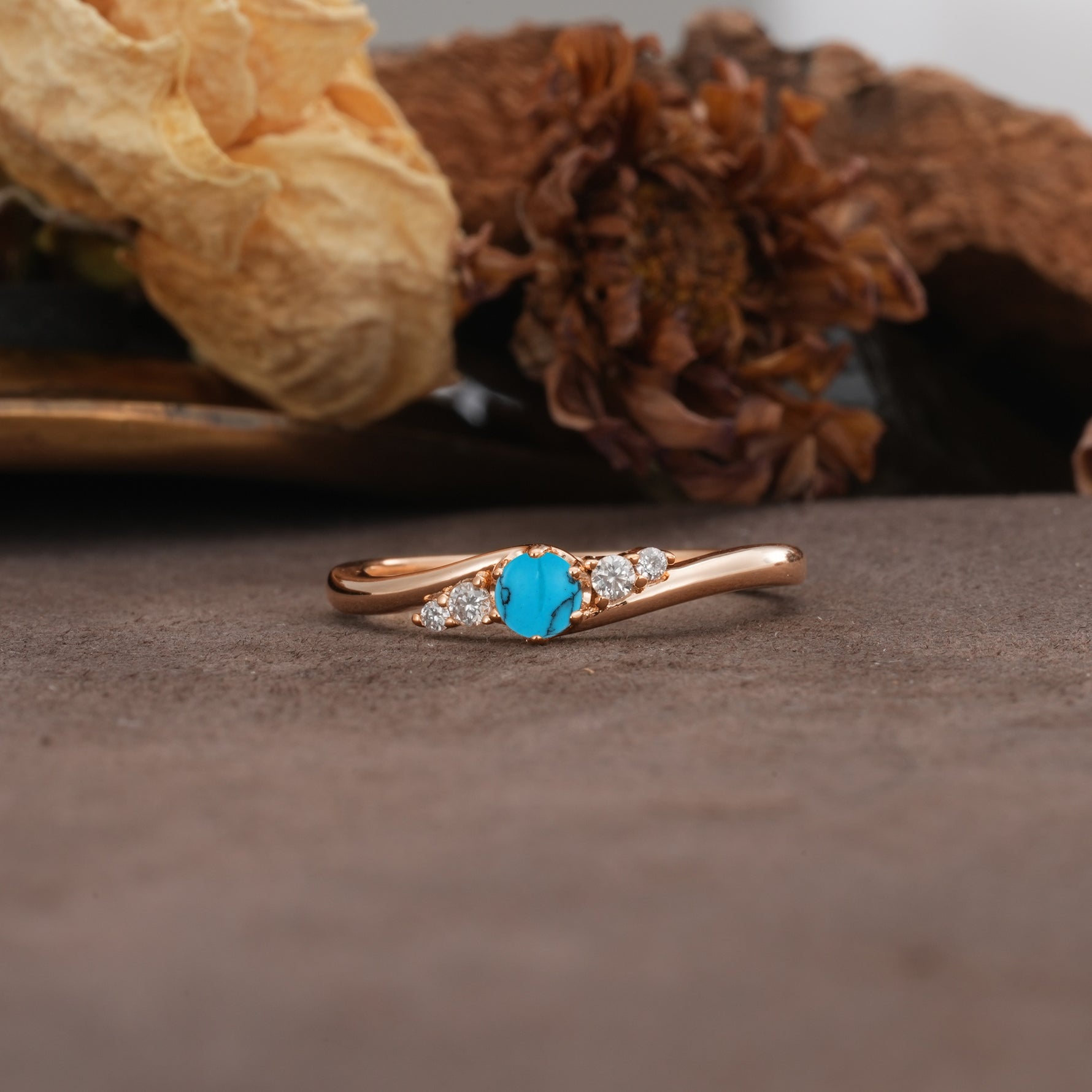 Unique, Classic, Twisted 6-Prong Round Cut Turquoise Engagement Ring - Additional view