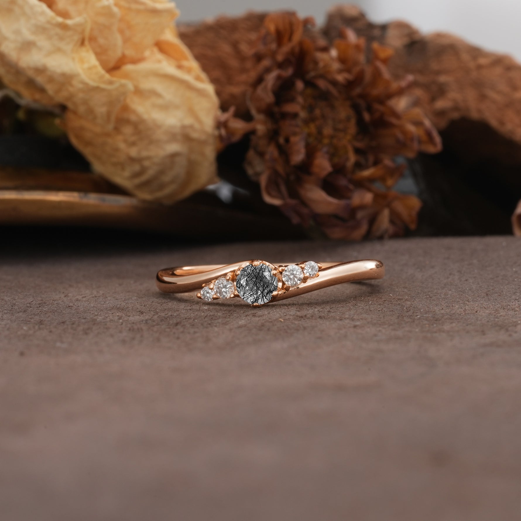 Unique, Classic, Twisted 6-Prong Round Cut Black Rutilated Quartz Engagement Ring - Additional view