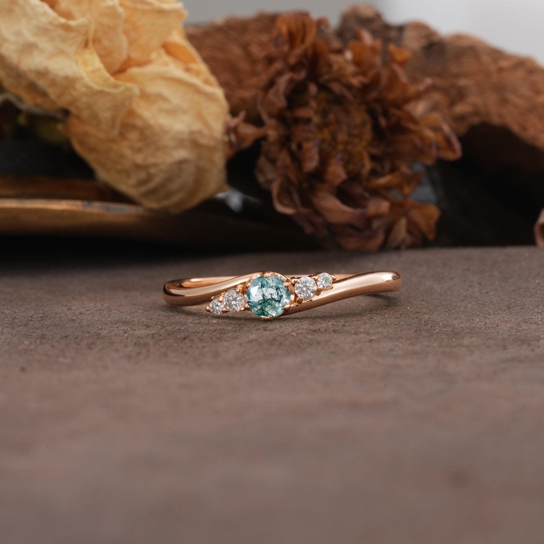 Unique, Classic, Twisted 6-Prong Round Cut Moss Agate Engagement Ring - Additional view