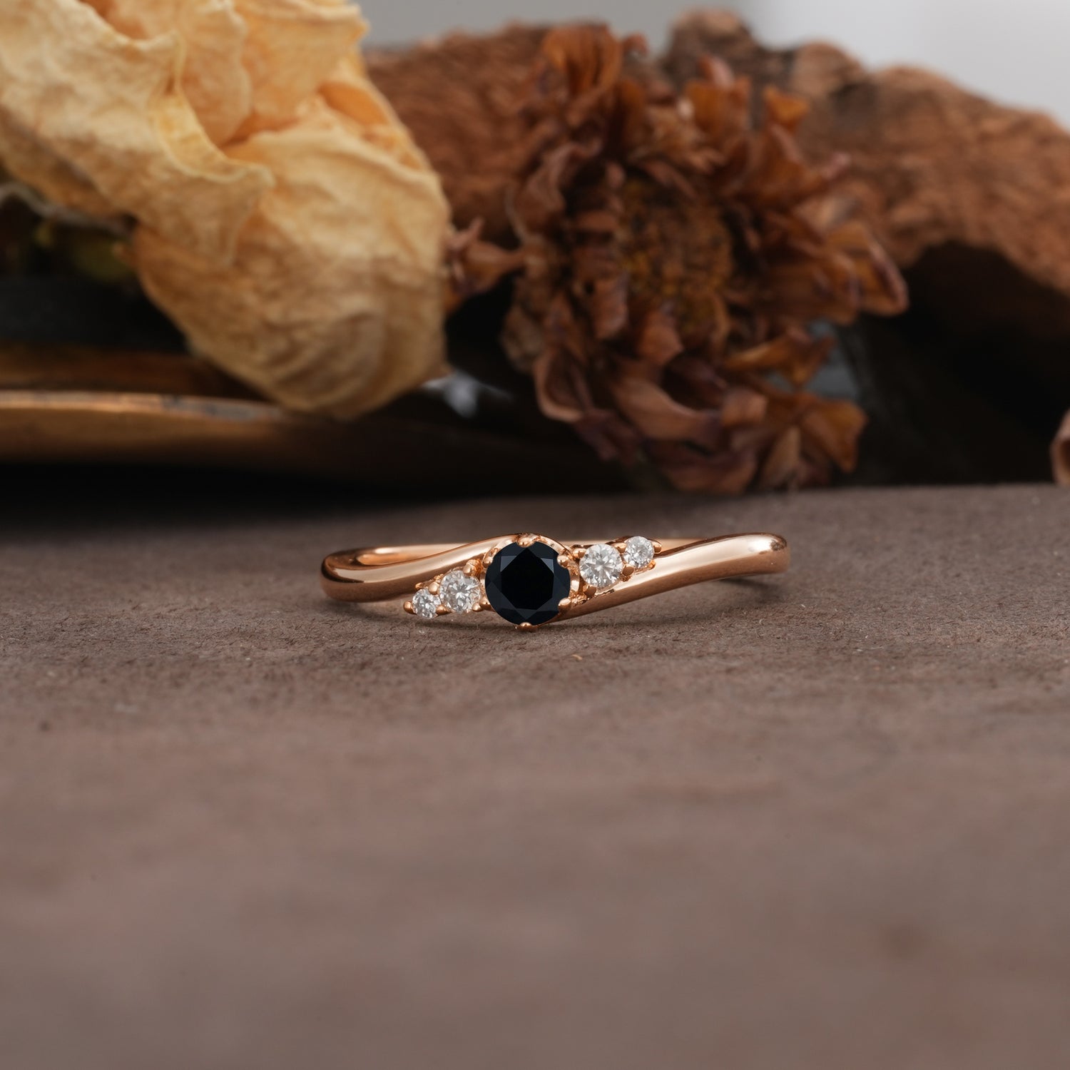 Unique, Classic, Twisted 6-Prong Round Cut Black Onyx Engagement Ring - Additional view