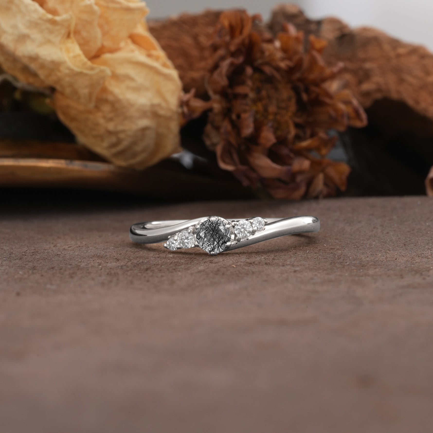 Unique, Classic, Twisted 6-Prong Round Cut Black Rutilated Quartz Engagement Ring - Additional view