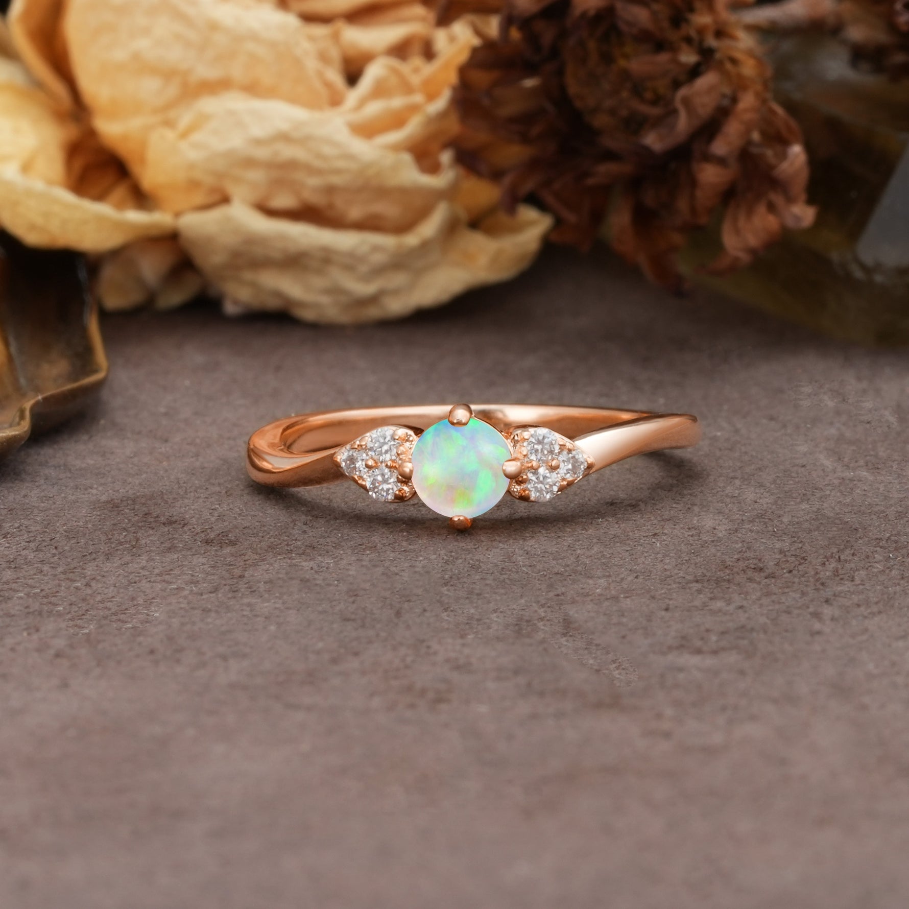 Unique Twisted 4-Prong Round Cut Fire Opal Engagement Ring - Additional view