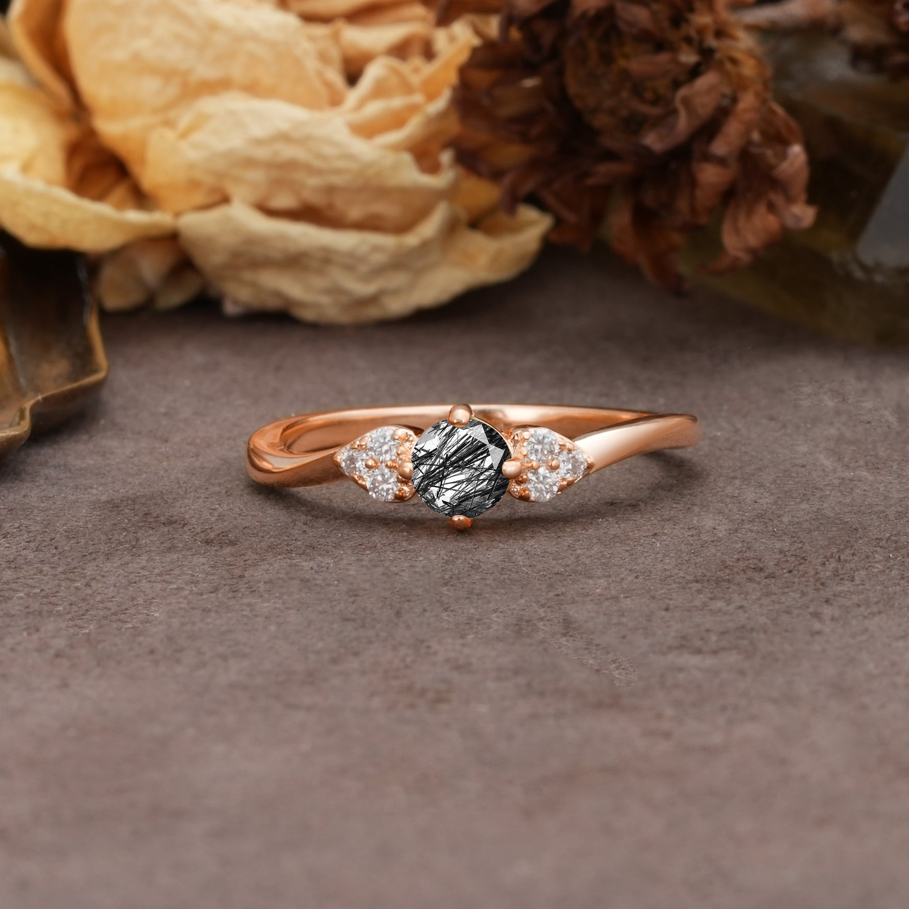 Unique Twisted 4-Prong Round Cut Black Rutilated Quartz Engagement Ring - Additional view