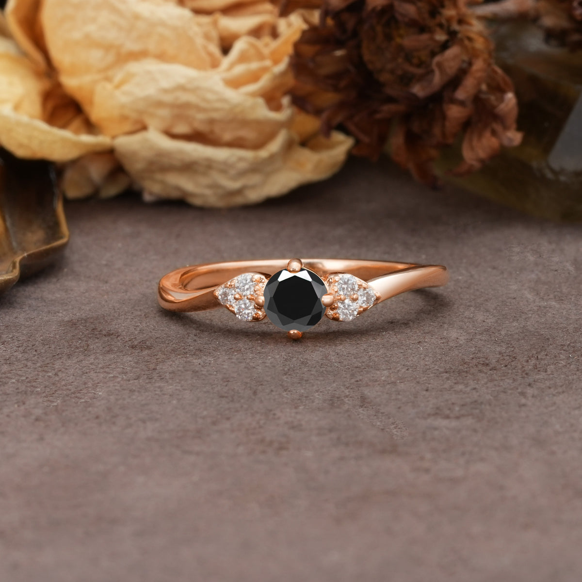 Unique Twisted 4-Prong Round Cut Black Onyx Engagement Ring - Additional view