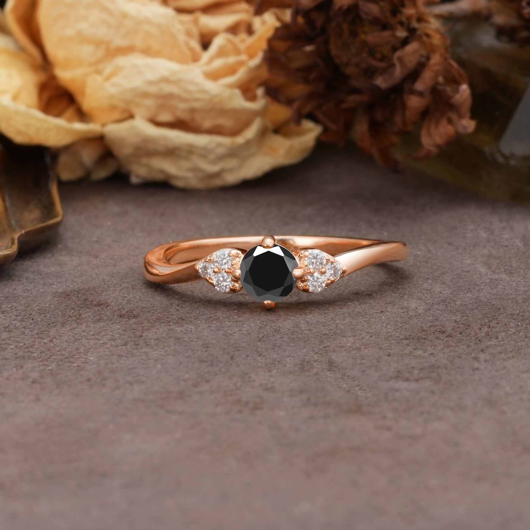 Unique Twisted 4-Prong Round Cut Black Onyx Engagement Ring - Additional view
