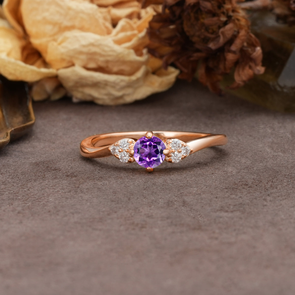 Unique Twisted 4-Prong Round Cut Amethyst Engagement Ring - Additional view