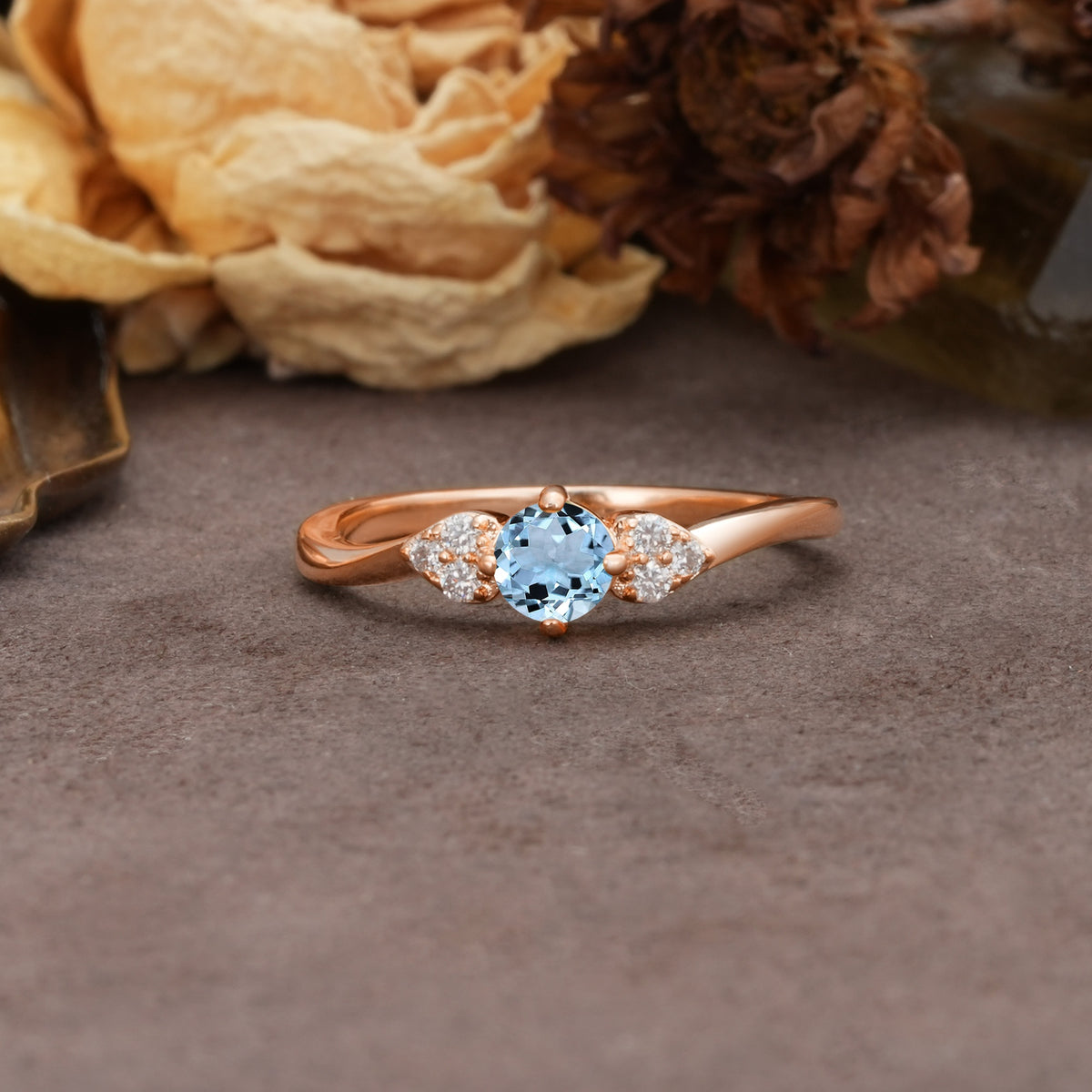 Unique Twisted 4-Prong Round Cut Aquamarine Engagement Ring - Additional view