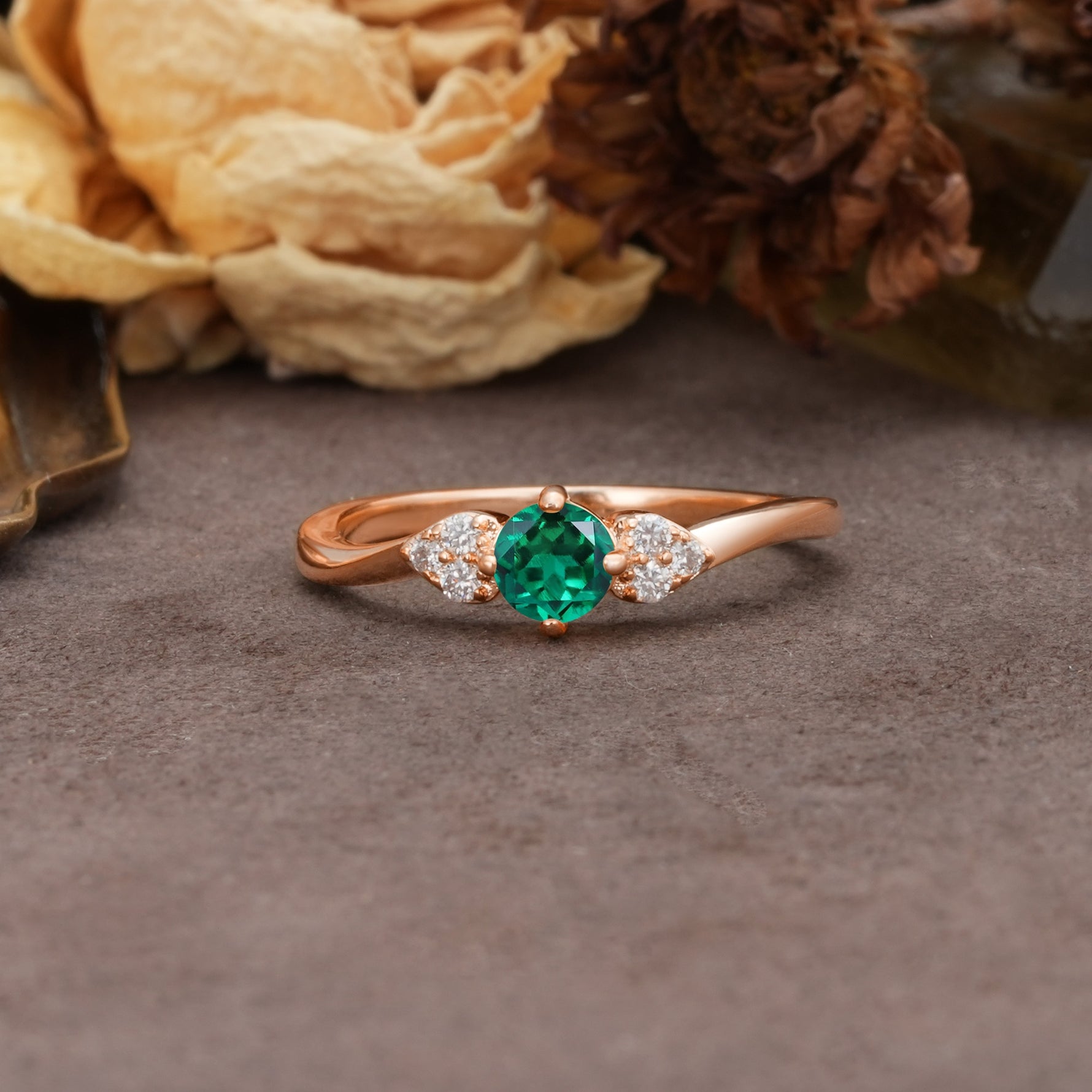 Unique Twisted 4-Prong Round Cut Emerald Engagement Ring - Additional view