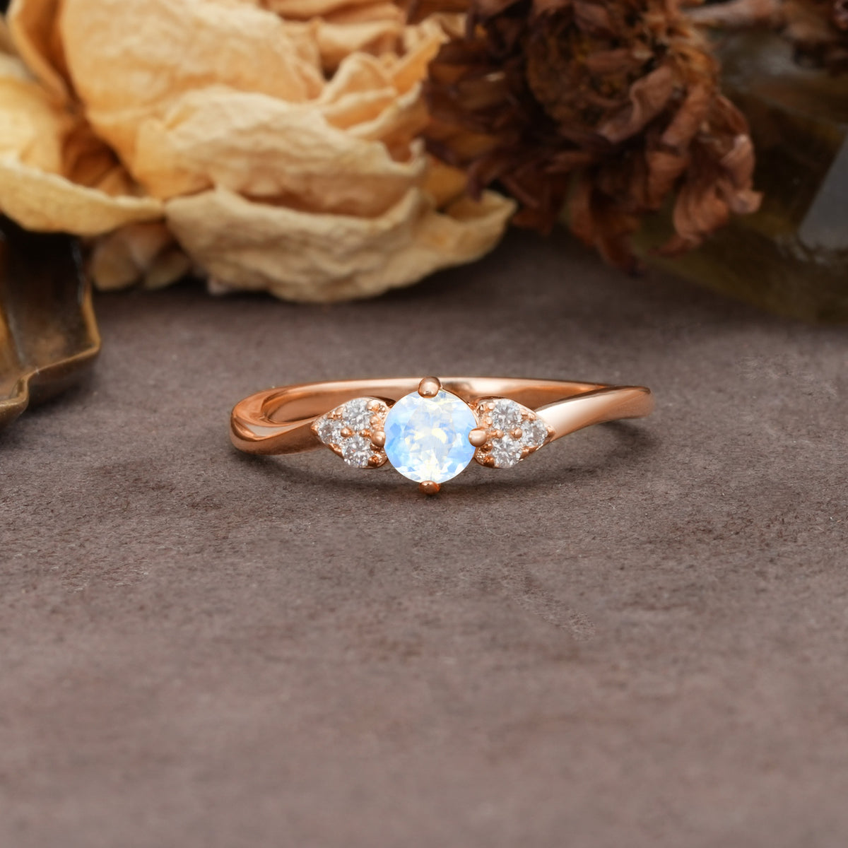 Unique Twisted 4-Prong Round Cut Moonstone Engagement Ring - Additional view