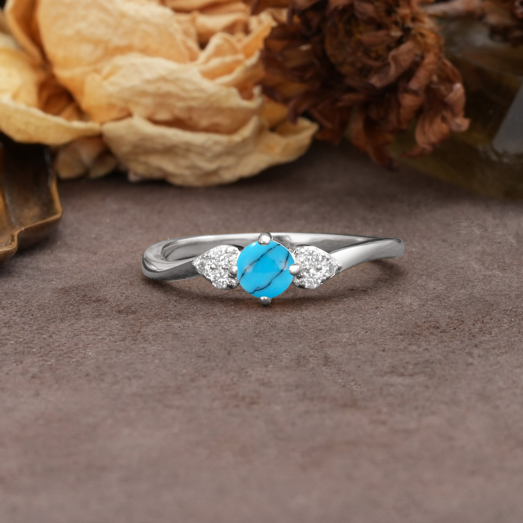 Unique Twisted 4-Prong Round Cut Turquoise Engagement Ring - Additional view