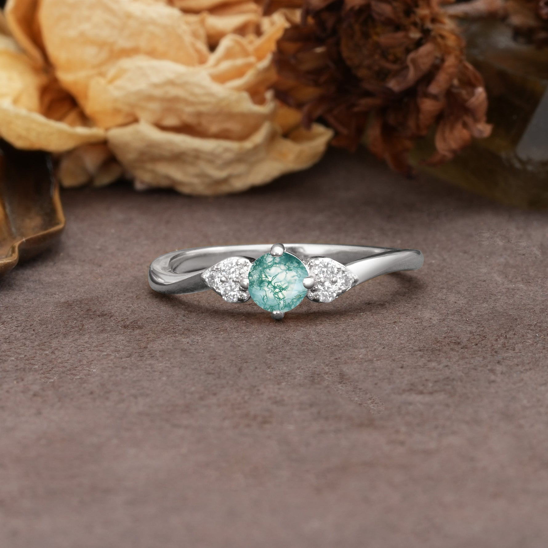 Unique Twisted 4-Prong Round Cut Moss Agate Engagement Ring - Additional view