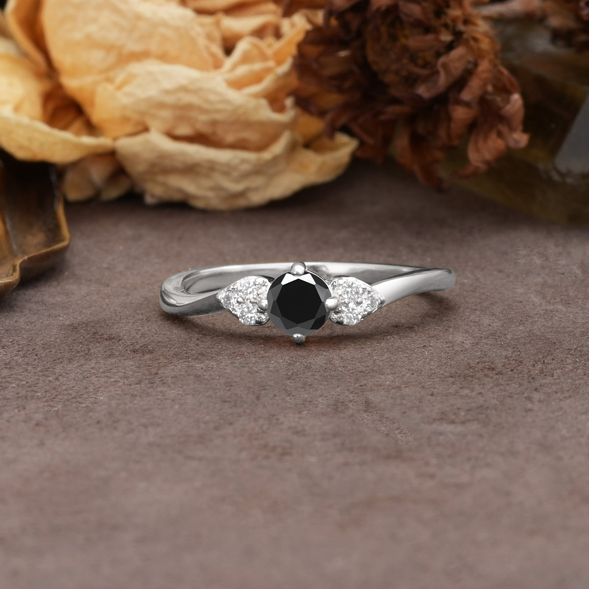 Unique Twisted 4-Prong Round Cut Black Onyx Engagement Ring - Additional view