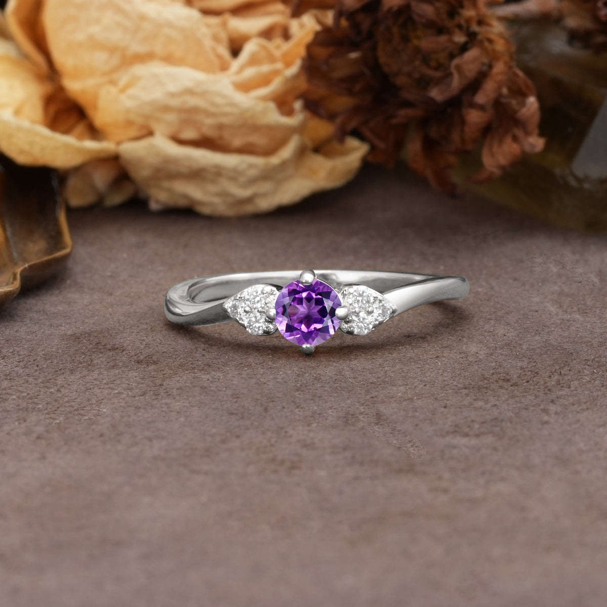 Unique Twisted 4-Prong Round Cut Amethyst Engagement Ring - Additional view