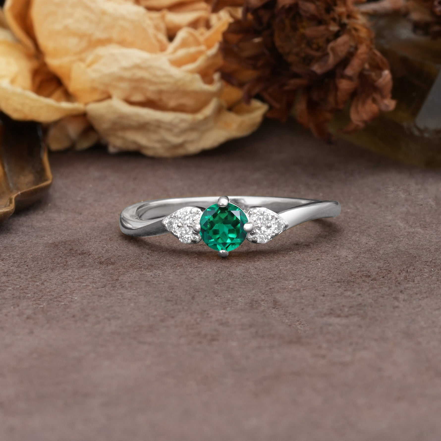 Unique Twisted 4-Prong Round Cut Emerald Engagement Ring - Additional view