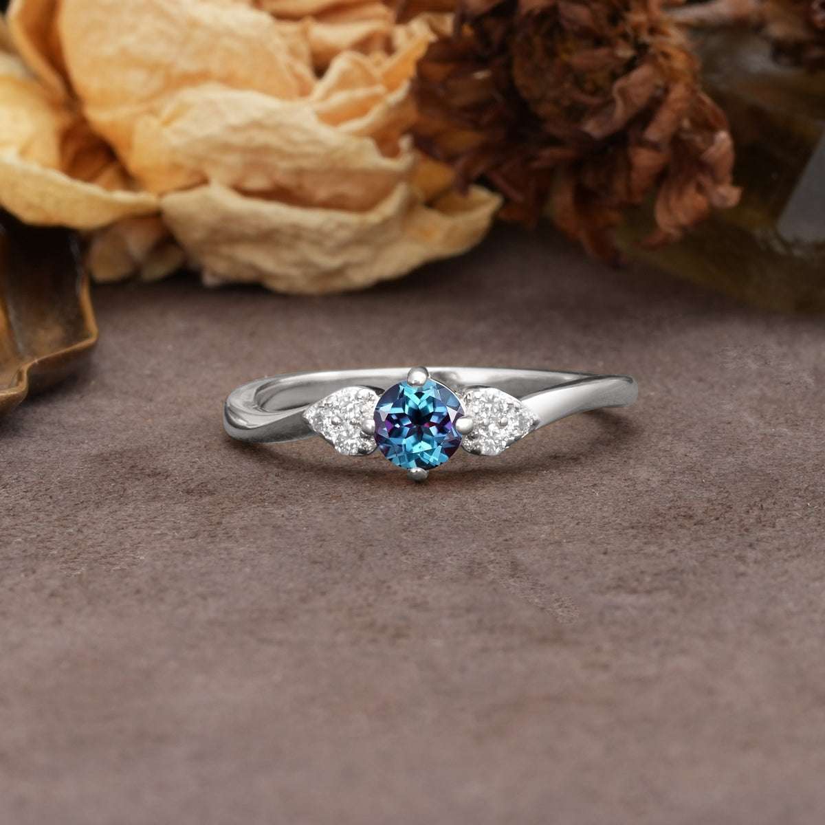 Unique Twisted 4-Prong Round Cut Alexandrite Engagement Ring - Additional view
