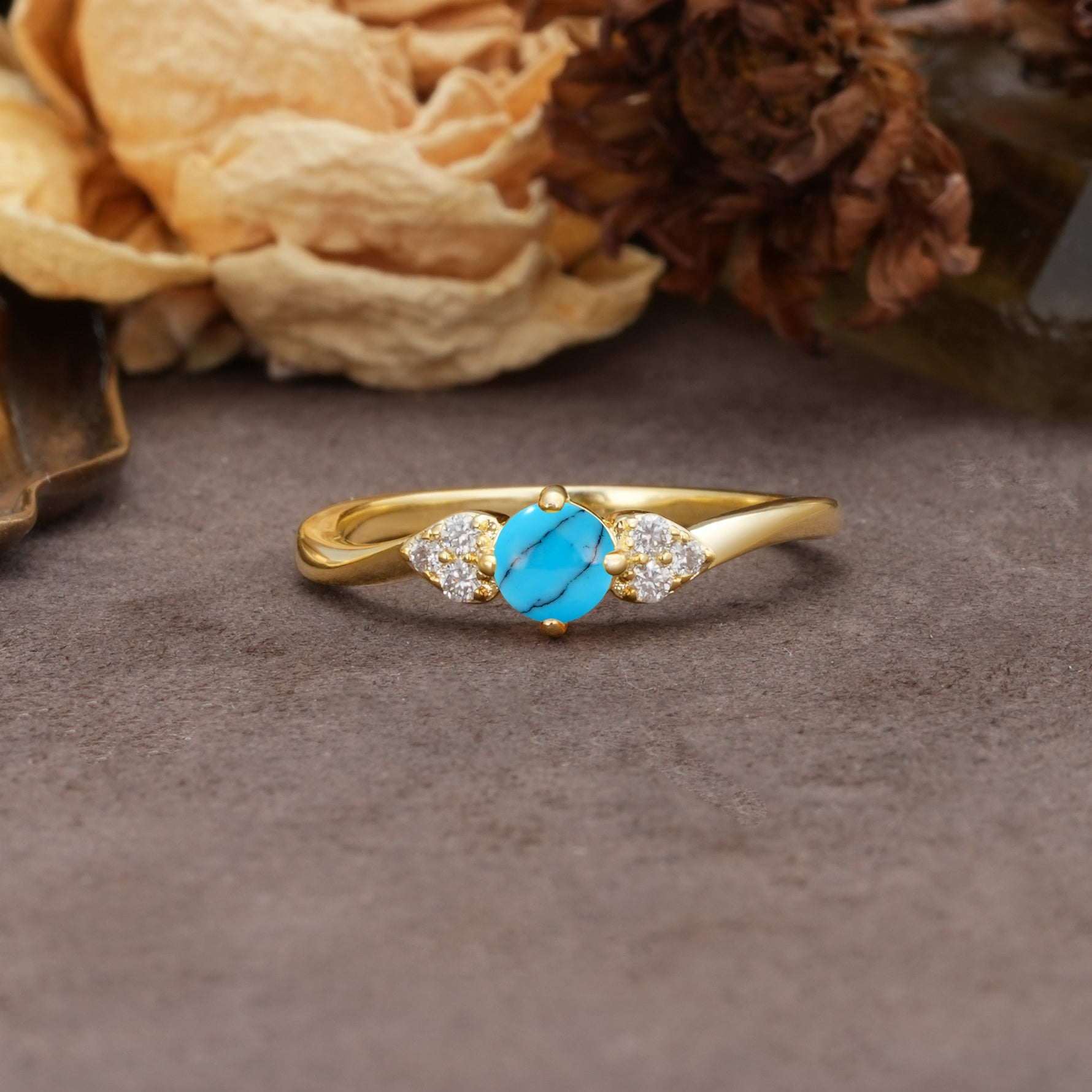 Unique Twisted 4-Prong Round Cut Turquoise Engagement Ring - Additional view