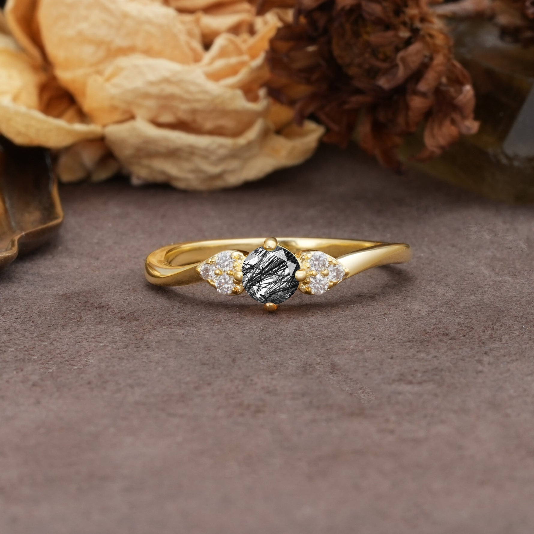 Unique Twisted 4-Prong Round Cut Black Rutilated Quartz Engagement Ring - Additional view