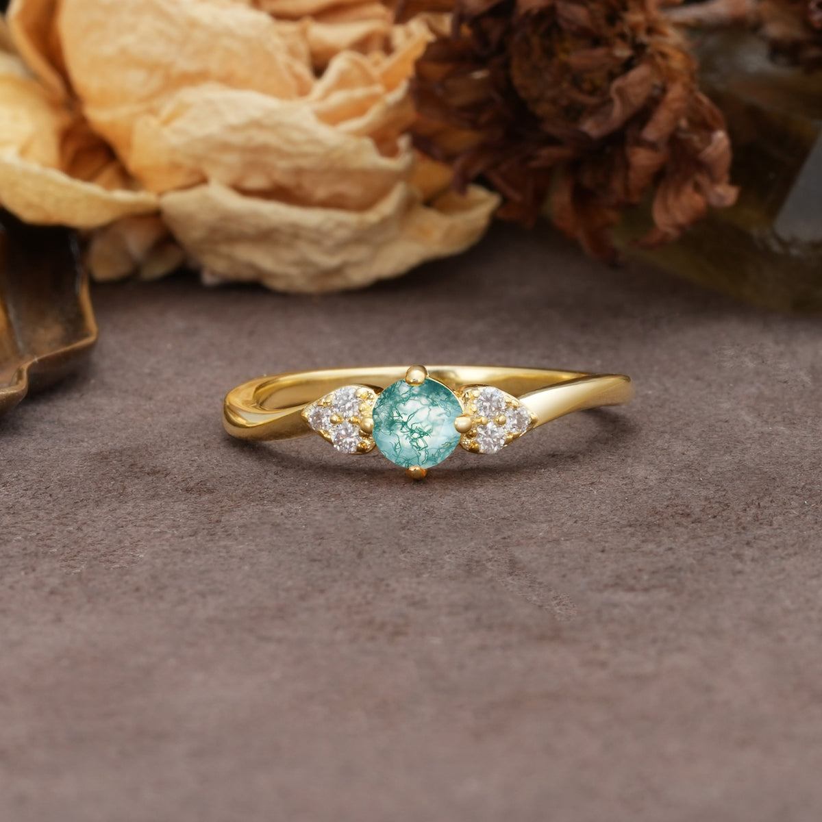 Unique Twisted 4-Prong Round Cut Moss Agate Engagement Ring - Additional view