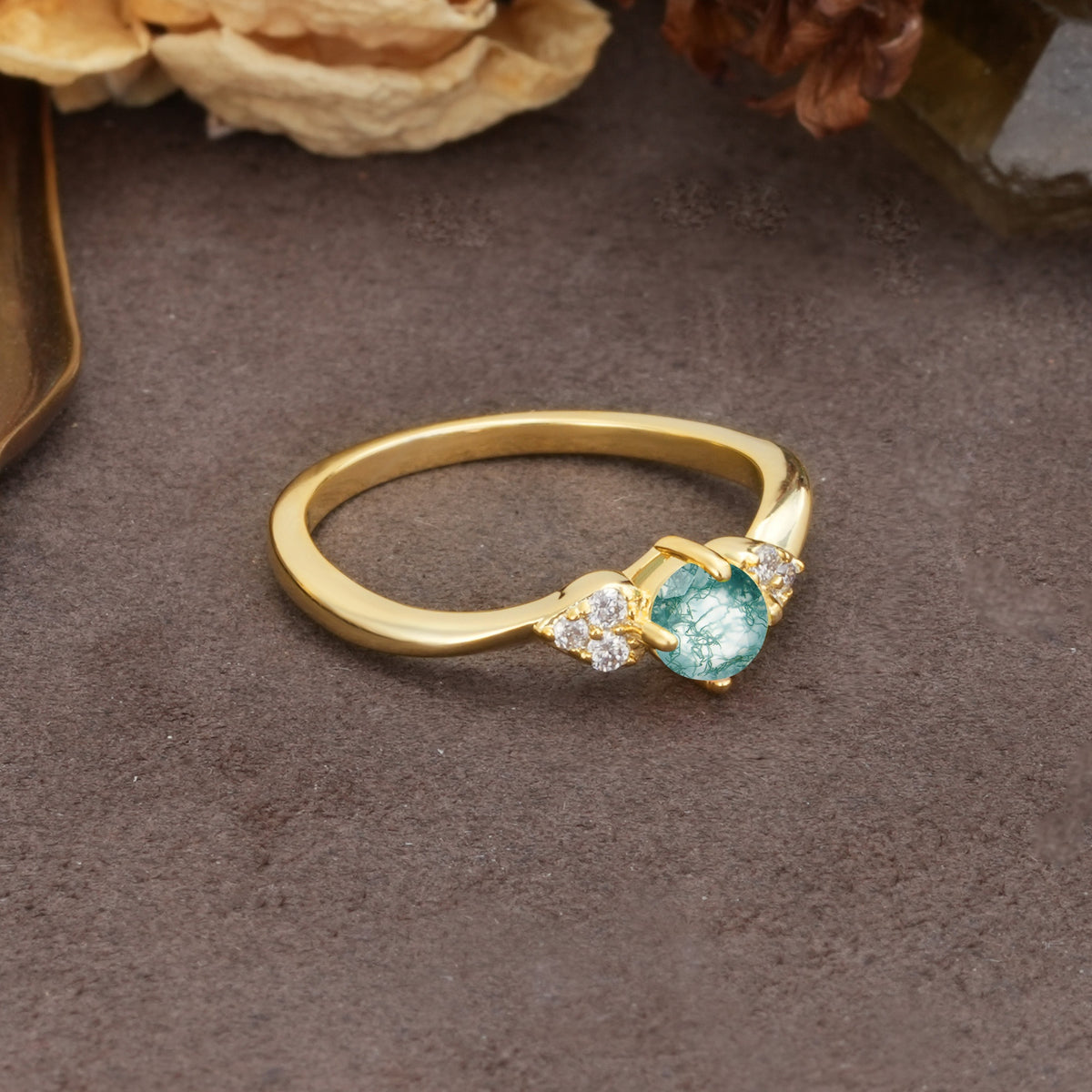 Unique Twisted 4-Prong Round Cut Moss Agate Engagement Ring - Additional view