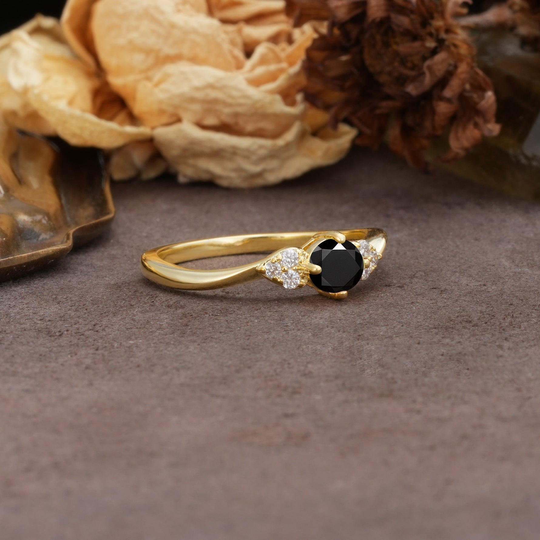 Unique Twisted 4-Prong Round Cut Black Onyx Engagement Ring - Additional view