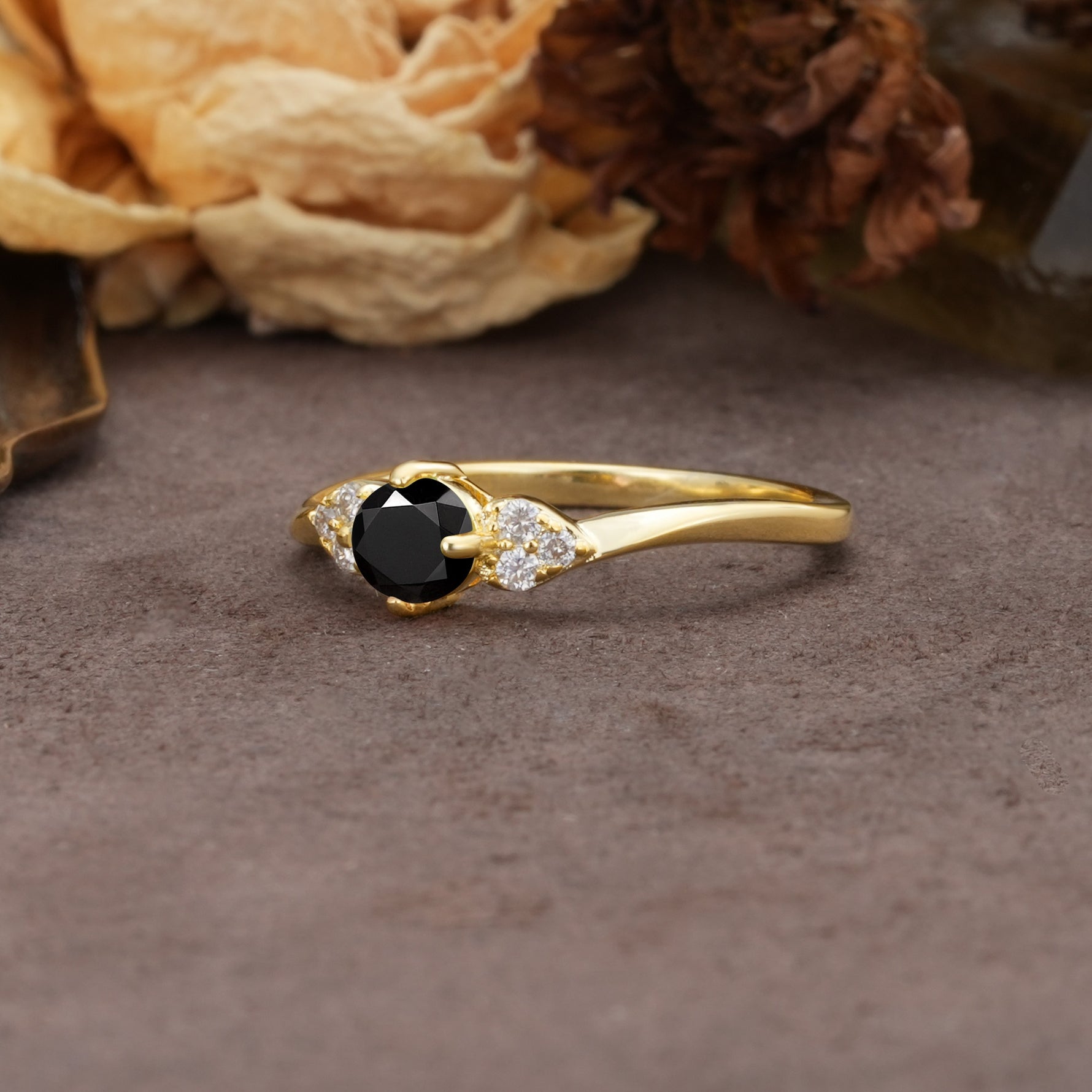 Unique Twisted 4-Prong Round Cut Black Onyx Engagement Ring - Additional view
