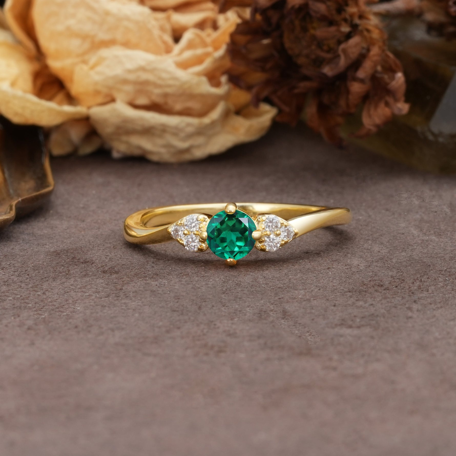 Unique Twisted 4-Prong Round Cut Emerald Engagement Ring - Additional view
