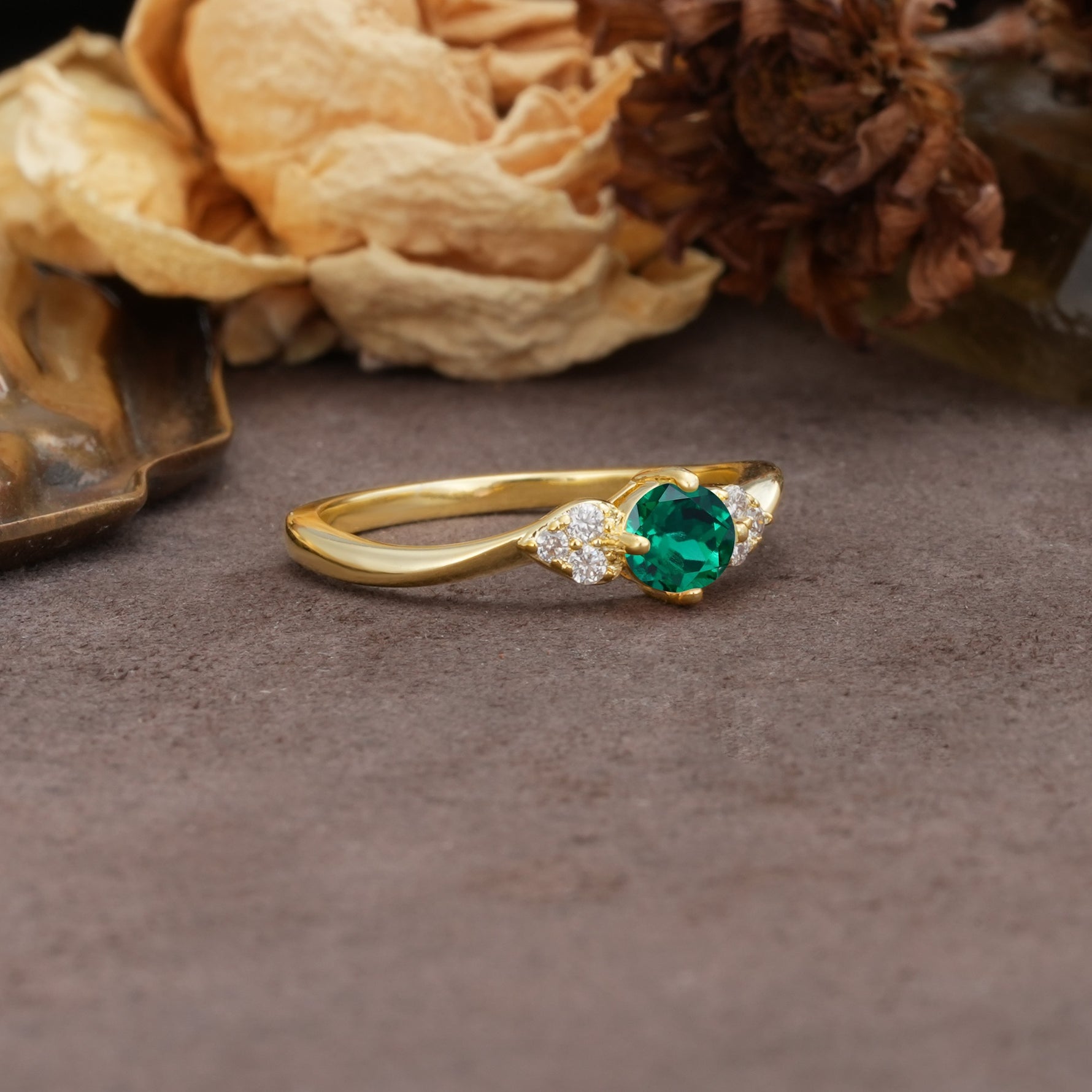 Unique Twisted 4-Prong Round Cut Emerald Engagement Ring - Additional view