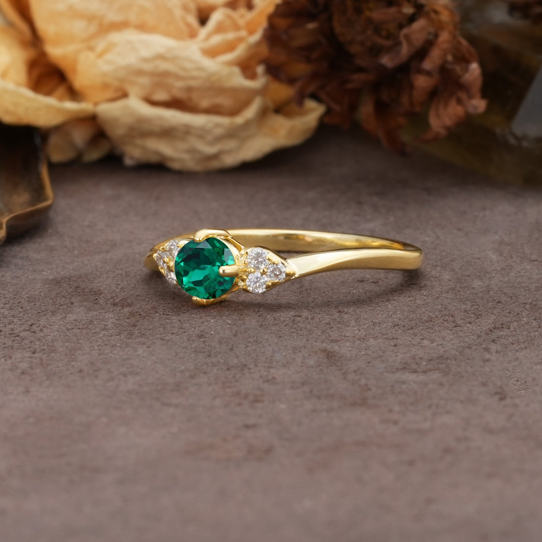 Unique Twisted 4-Prong Round Cut Emerald Engagement Ring - Additional view