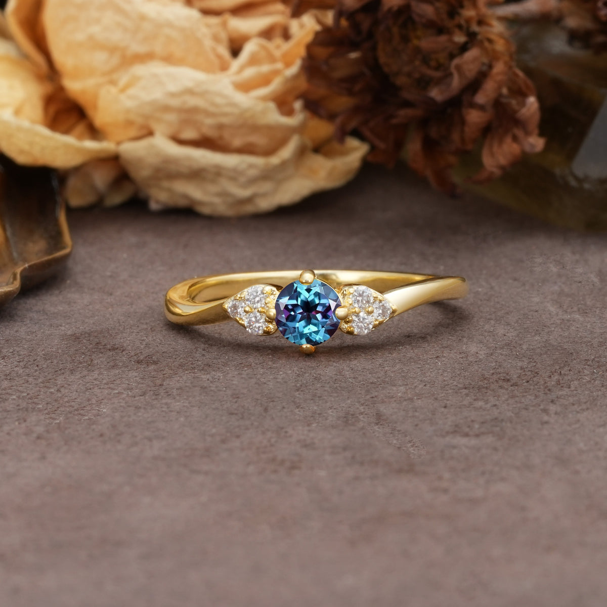 Unique Twisted 4-Prong Round Cut Alexandrite Engagement Ring - Additional view