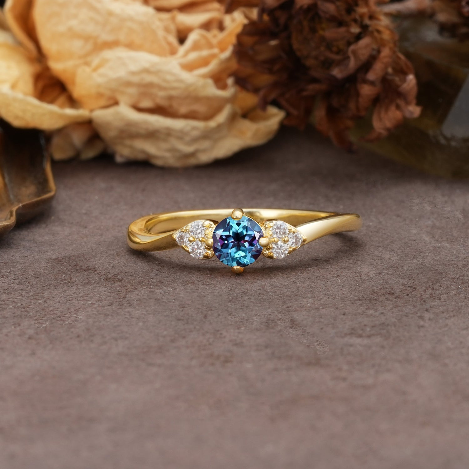 Unique Twisted 4-Prong Round Cut Alexandrite Engagement Ring - Additional view