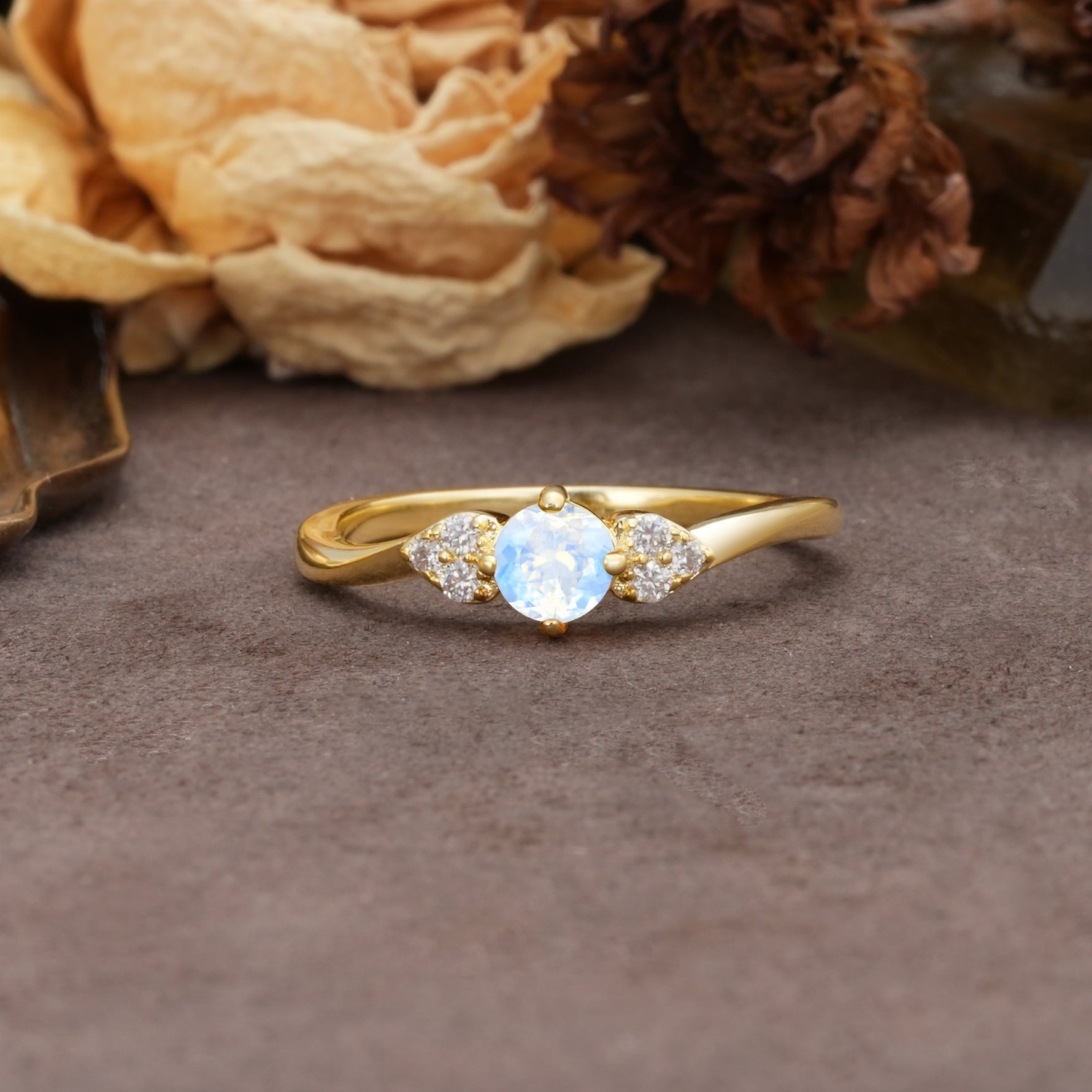 Unique Twisted 4-Prong Round Cut Moonstone Engagement Ring - Additional view