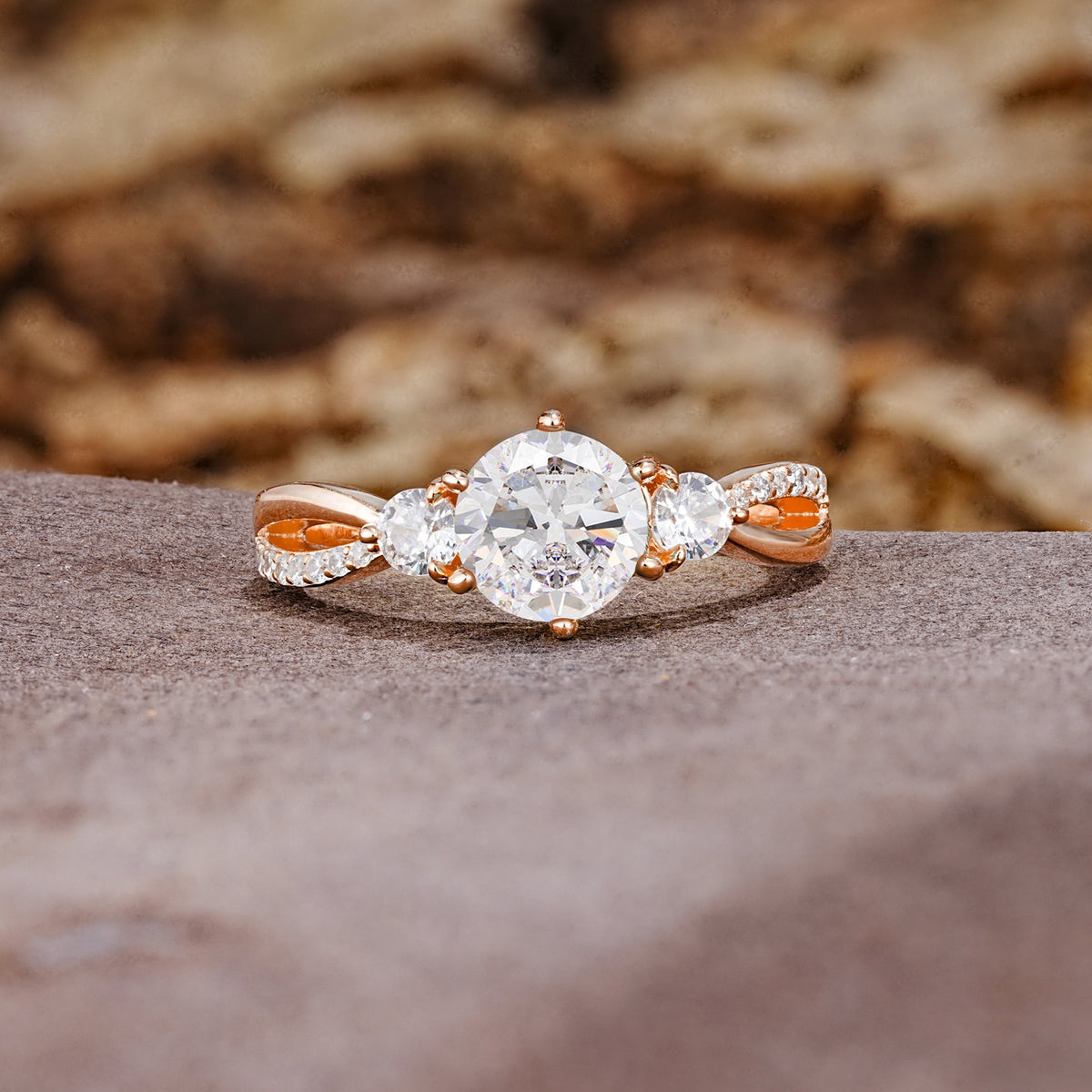 Unique Classic 6-Prong Round Cut MoissaniteTwo Stones Engagement Ring - Additional view