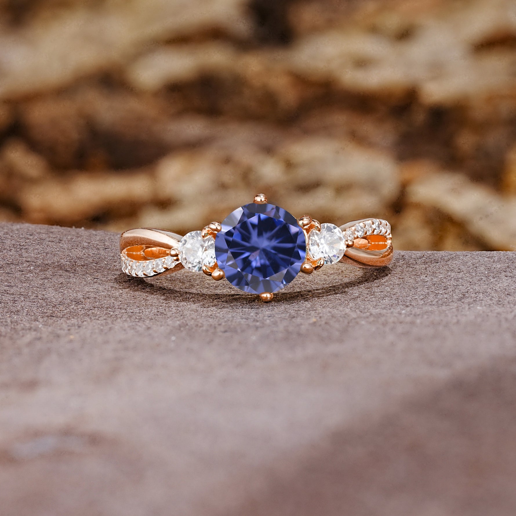 Unique Classic 6-Prong Round Cut TanzaniteTwo Stones Engagement Ring - Additional view