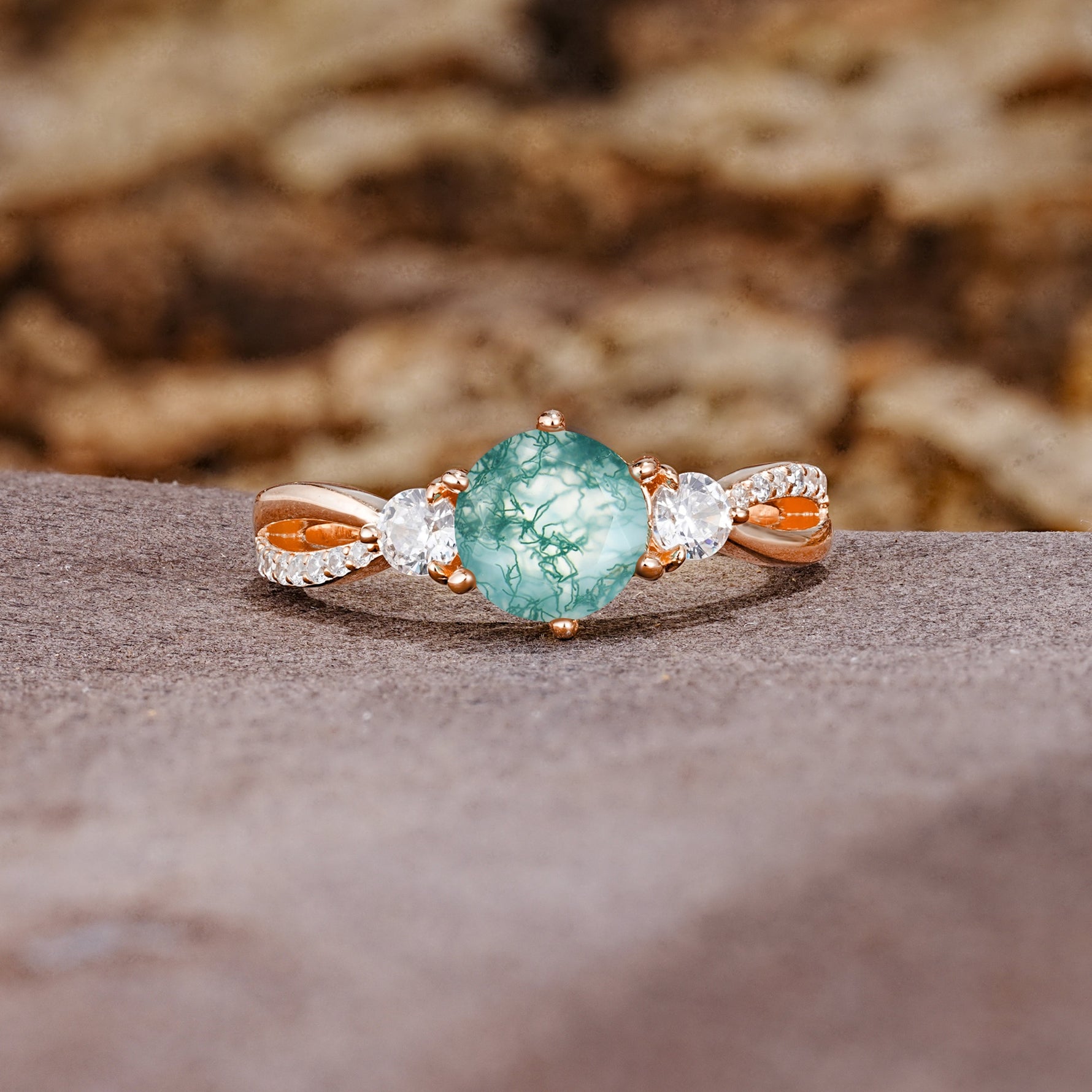 Unique Classic 6-Prong Round Cut Moss AgateTwo Stones Engagement Ring - Additional view