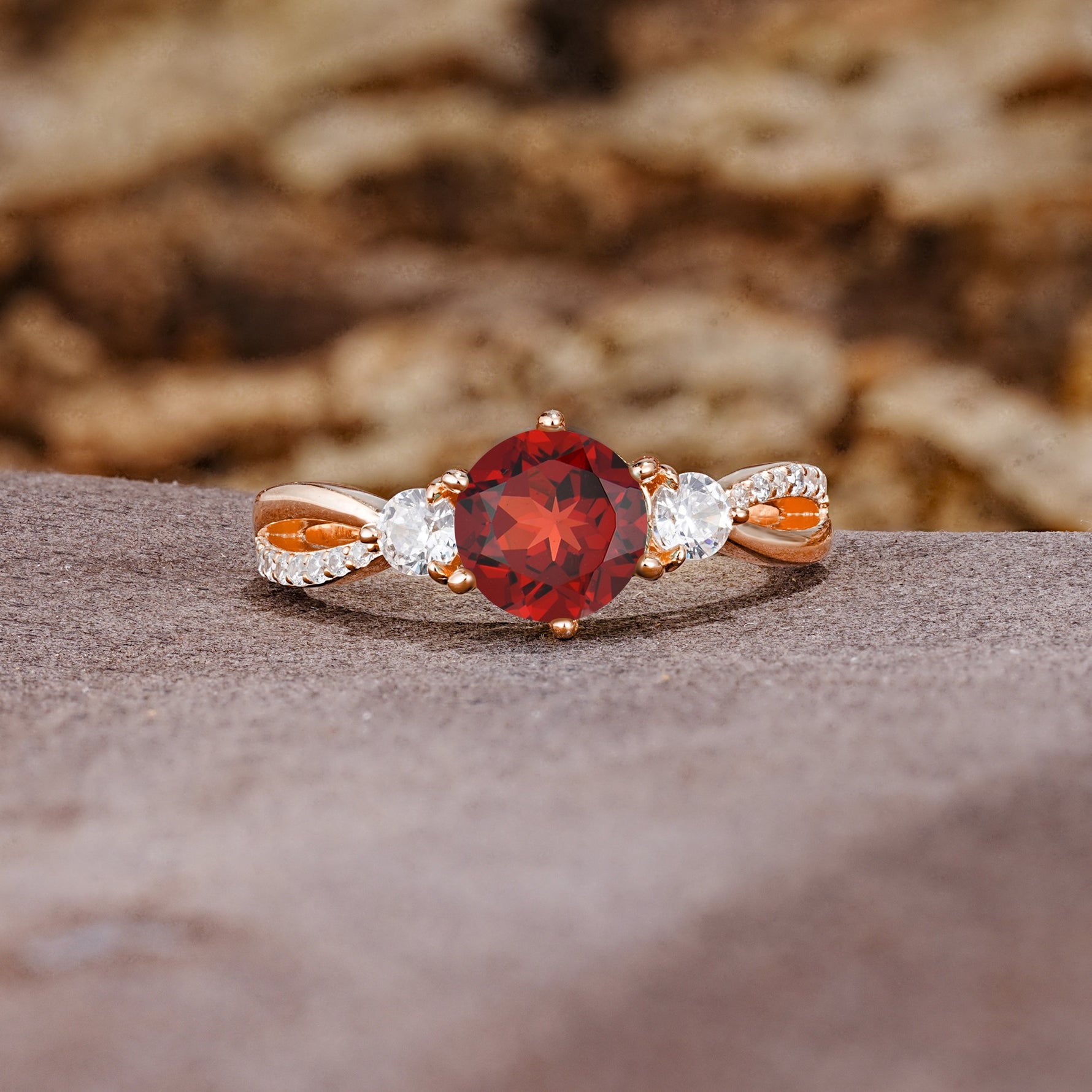 Unique Classic 6-Prong Round Cut GarnetTwo Stones Engagement Ring - Additional view