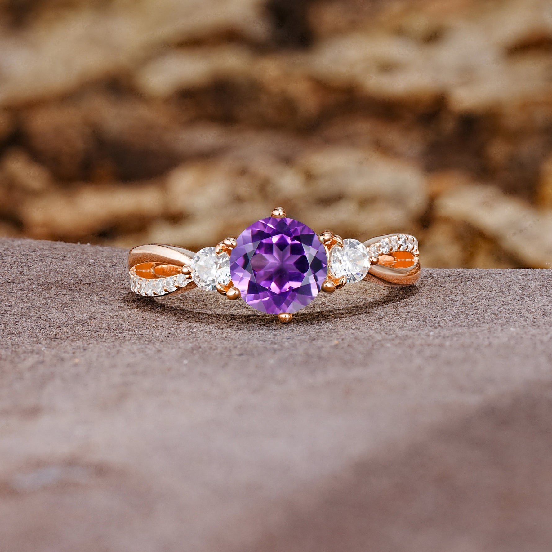 Unique Classic 6-Prong Round Cut AmethystTwo Stones Engagement Ring - Additional view